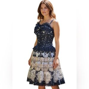 Alice and the Pirates Navy Star Print Dress Lace Trim Bow Lace-Up Back Japan